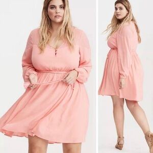 Torrid Pink Lace Long Sleeve Floral Mini Dress Sheer Size 12  Large Coral Travel